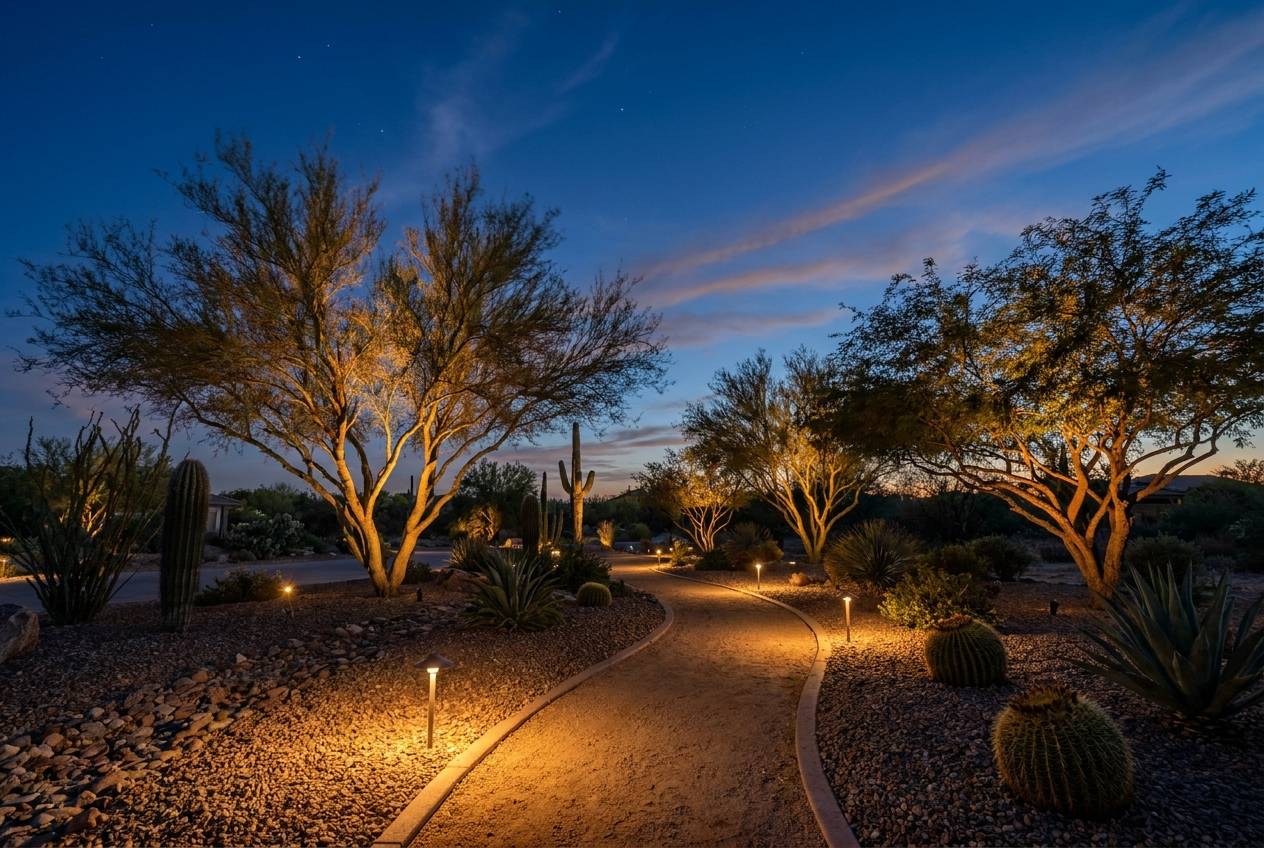 Landscape lighting at dusk in Buckeye, AZ